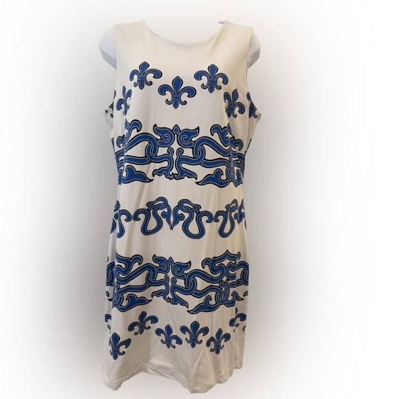 J. McLaughlin White and Blue Sheath Dress perfect for a Wedding Guest. Medium - Picture 1 of 7